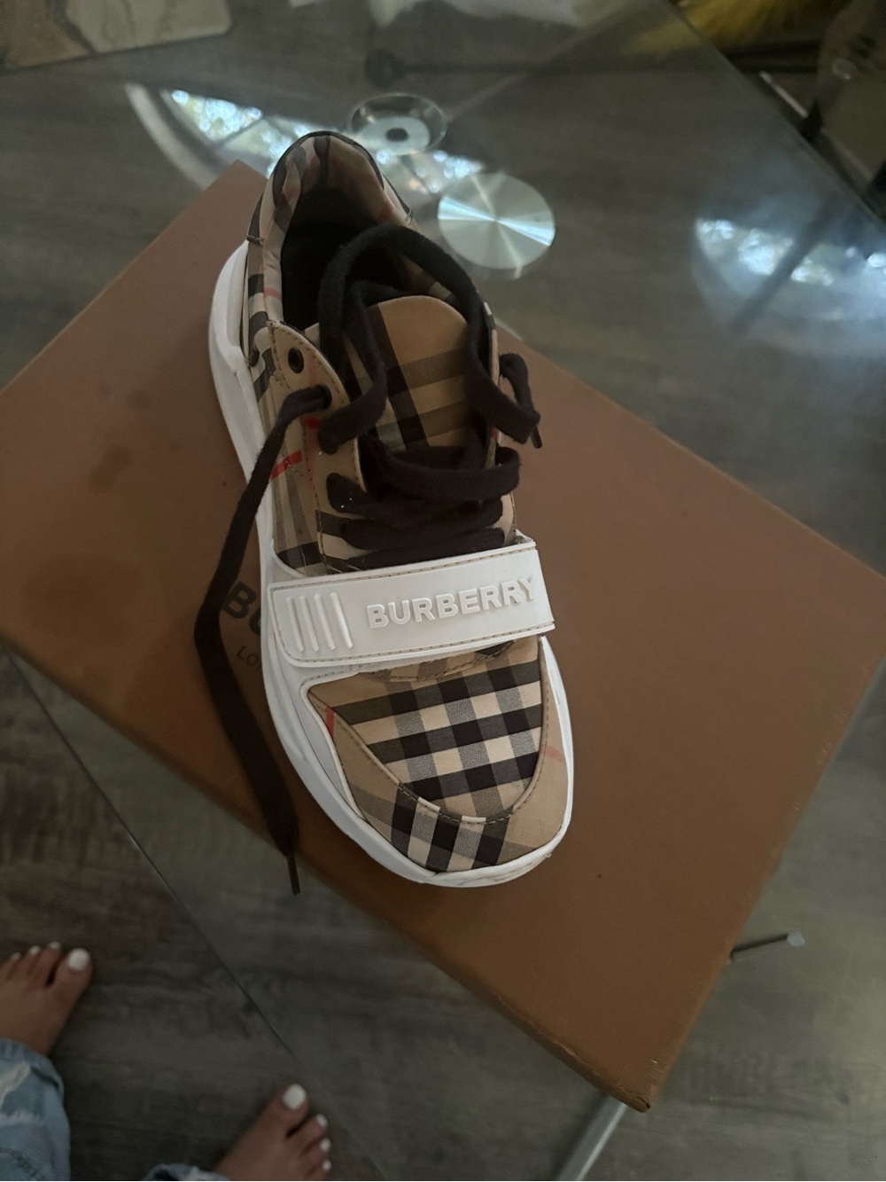 Burberry Kids Plaid Velcro Sneaker in Beige, Black and Cream